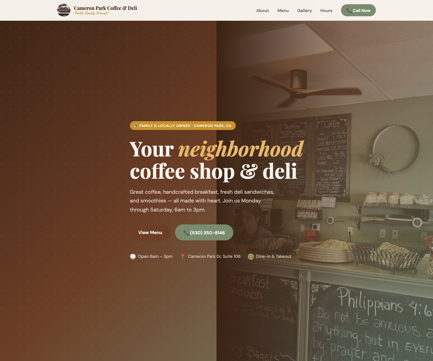 Homepage preview of the Cameron Park Coffee and Deli website