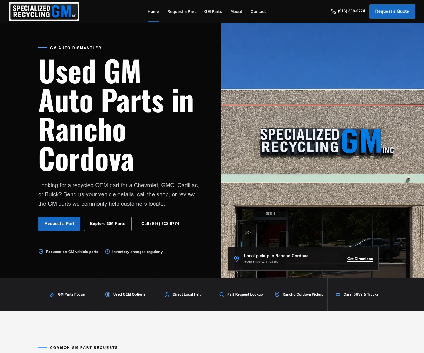 Specialized GM homepage with GM parts information and a part-request link